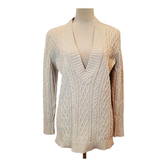JEANNE PIERRE SZ M Women's 100% Cotton Deep V-Neck Cable-Knit Sweater Cream - Picture 1 of 7